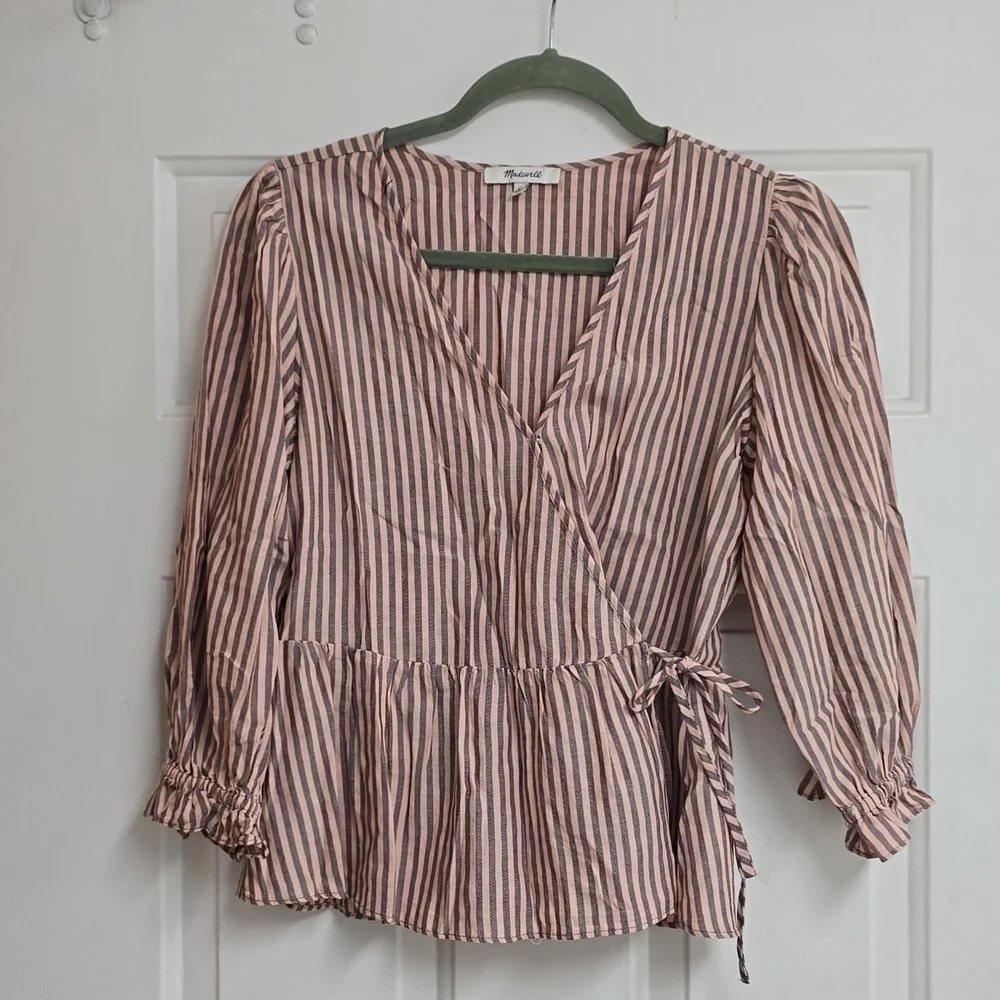 Madewell Puff-Sleeve Peplum Wrap Top in Stripe